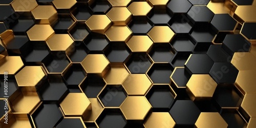 3d rendering of abstract metallic hexagonal background in golden and black colors