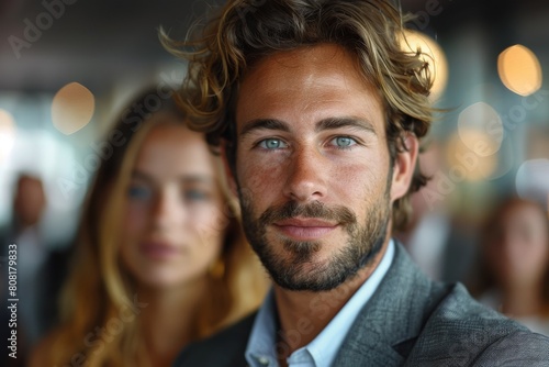 A sharply dressed man with striking blue eyes stands in focus, with blurred people in the background photo