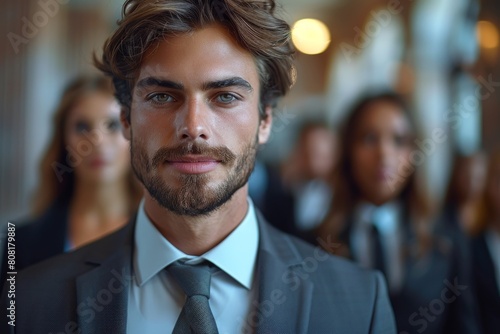 A confident-looking young businessman is in sharp focus with blurred colleagues in the background, exuding leadership