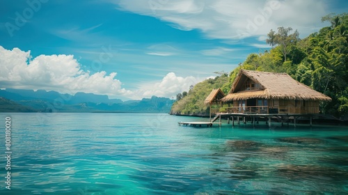 Serene tropical scene with a thatched bungalow over crystal-clear water and lush green mountains in the background