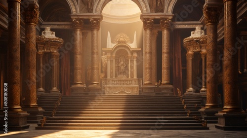Inner sanctum of a Roman temple bathed in golden light
