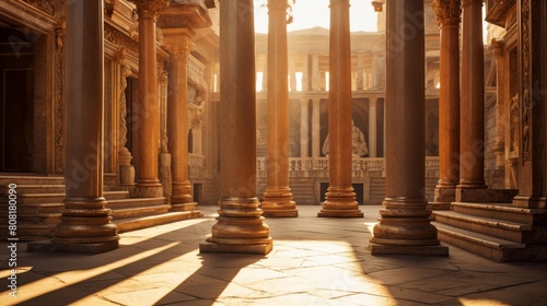 Inner sanctum of a Roman temple bathed in golden light photo