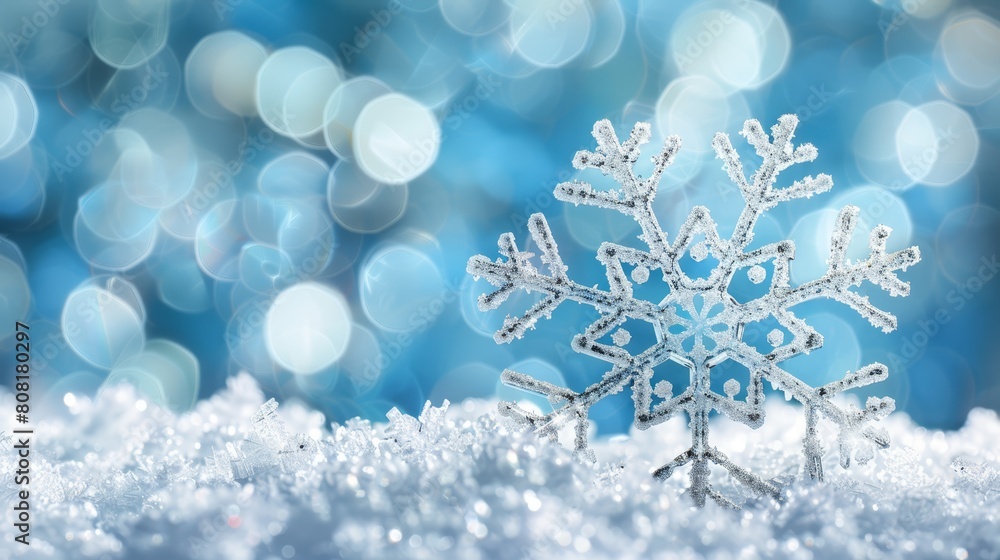 A snowflake atop a mound of snow against a blurred backdrop of blue and white A snowflake atop a mound of snow against a blurred backdrop of blue and white
