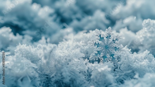   A close-up of a snowflake with branches extending from its edges  resembling miniature snowflakes