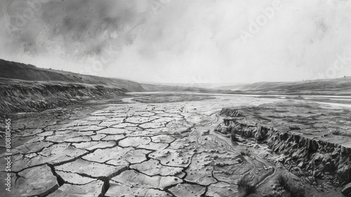 An evocative photograph capturing the loneliness and desolation of a land scarred by drought, where cracked soil and barren riverbanks serve as poignant symbols of a planet in crisis.