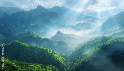 The mountains are covered in lush green trees and the sky is clear and bright by AI generated image