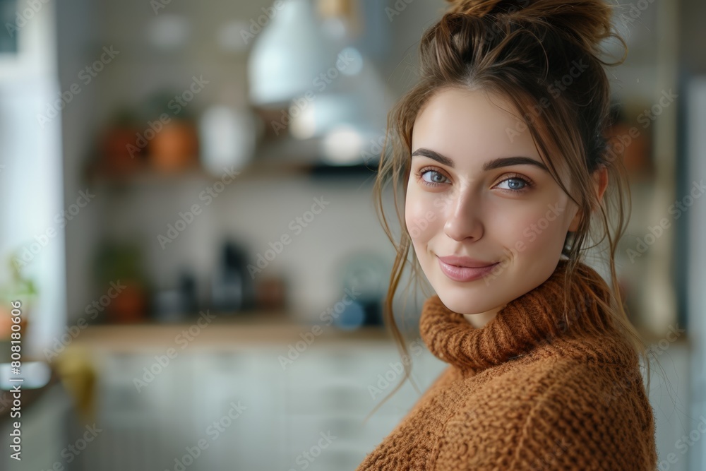 A woman wearing a brown sweater smiles warmly