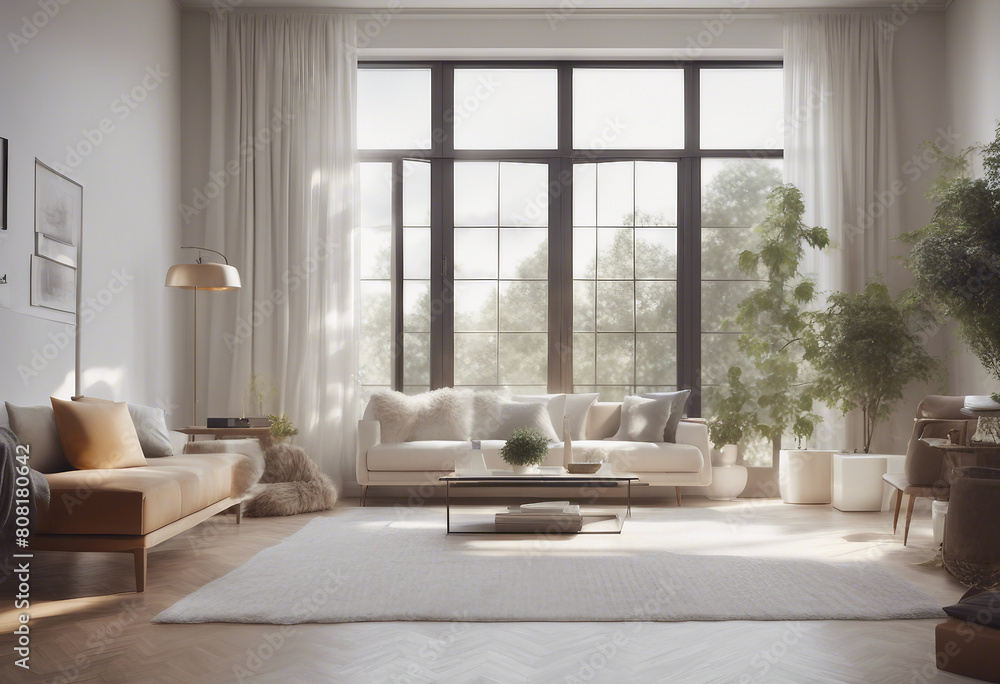 Bright living room interior with large window and white poster Bright living room interior with large window and white poster