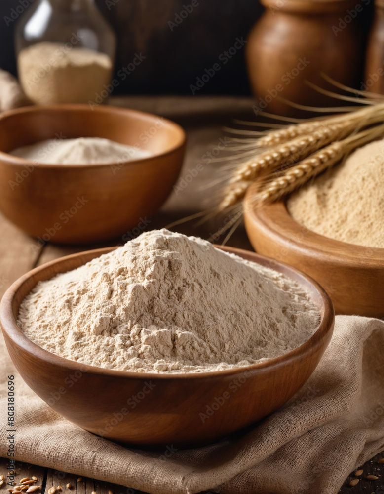 Wheat flour in wooden bowl, wheat ears and linen cloth on a kitchen rustic wooden tabletop. Background of healthy organic baking ingredients. Wheat flour in wooden bowl, wheat ears and linen cloth on a kitchen rustic wooden tabletop. Background of healthy organic baking ingredients.