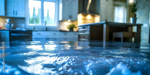 Close-up view of a flooded kitchen with furniture submerged in water. Concept Flooded Kitchen  Water Damage  Furniture in Water  Household Disaster  Emergency Cleanup
