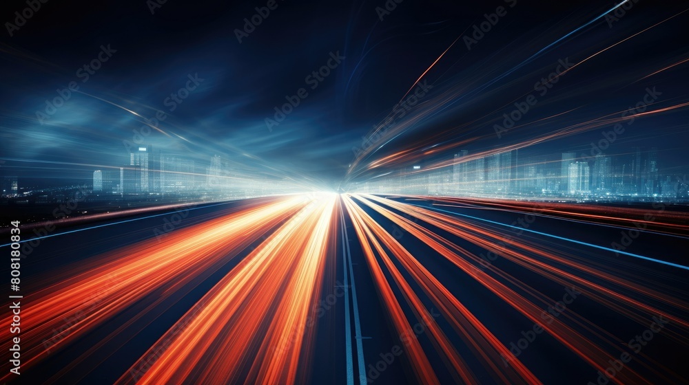 A blurred highway at night, with streaks of light from passing cars creating dynamic lines A blurred highway at night, with streaks of light from passing cars creating dynamic lines