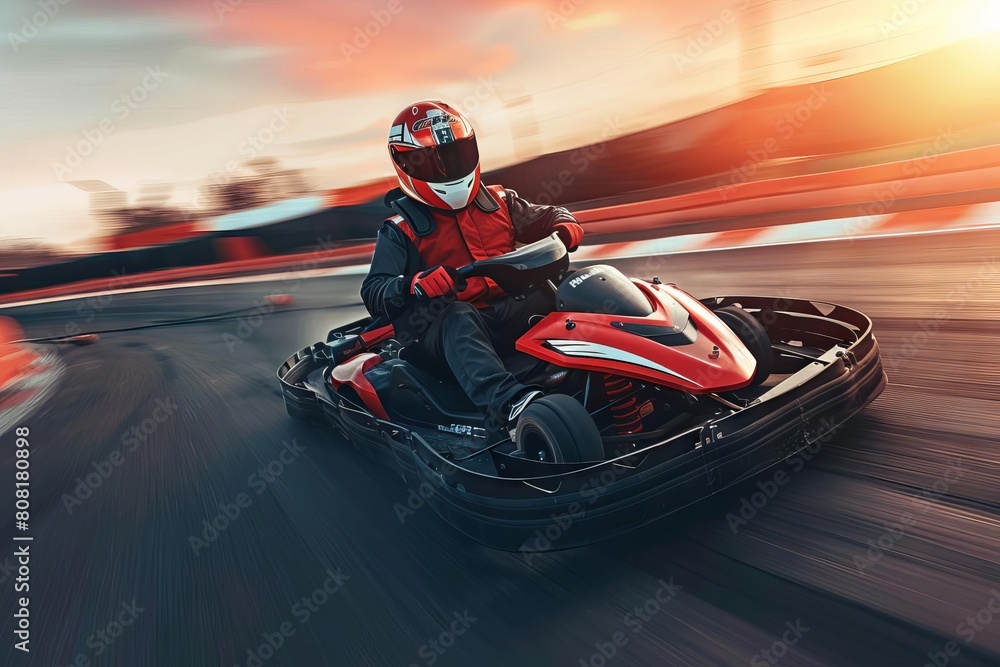 racer driving gokart at full speed on track wearing helmet and racing suit action sports photography