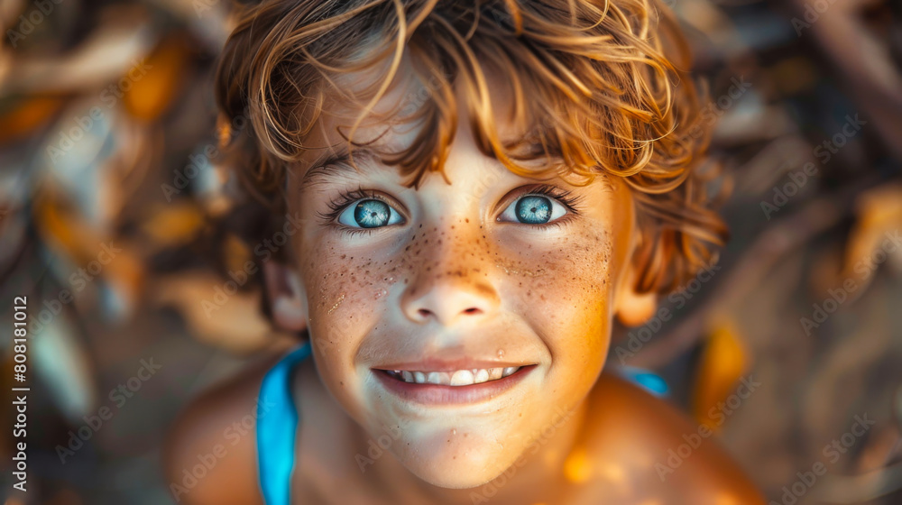 Close-up of the face of a little blue-eyed boy having fun in a field on a sunny day. Cheerful boy smiling and walking outdoors. Concept of walking, fun.