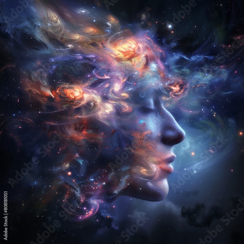 Realistic style image of an infinite, eternal cosmic mind in which universes are created from thought and all things are expressed through us as belief