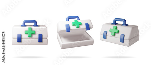 3d set of first aid kit with green cross isolated. Render collection of plastic bag for medicine. Healthcare, hospital and medical diagnostics. Urgency and emergency services. Vector illustration