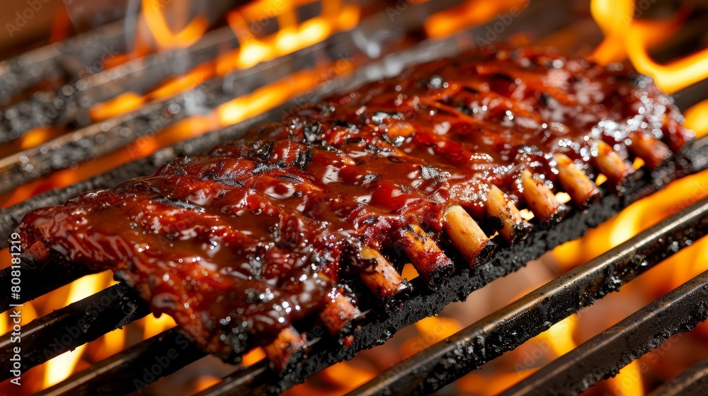 Ribs coated in BBQ sauce cooking on a backyard grill with flames behind Ribs coated in BBQ sauce cooking on a backyard grill with flames behind