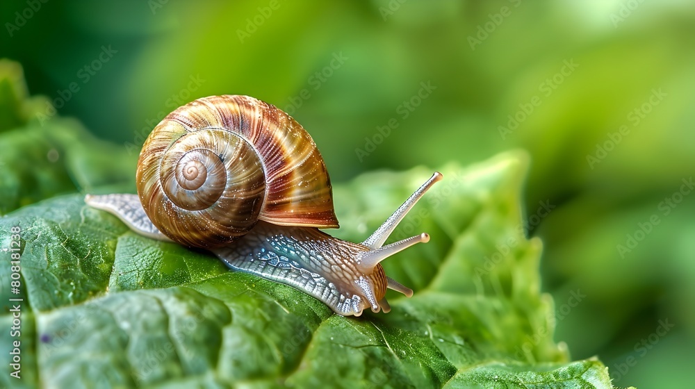 Closeup of a Tiny Spiral-Shelled Snail Crawling on a Lush Green Leaf in a Natural Garden Setting Closeup of a Tiny Spiral-Shelled Snail Crawling on a Lush Green Leaf in a Natural Garden Setting