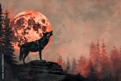 A captivating scene of a lone wolf standing on a rock, howling against a vivid blood moon amidst a silhouetted pine forest