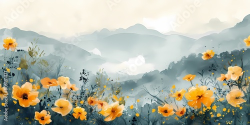A serene digital painting of yellow poppies in the foreground with misty blue mountains in the distance, evoking peace and tranquility © Vladan