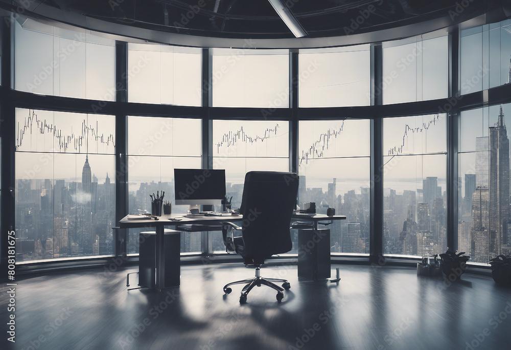 Contemporary office with New York view Financial charts are drawn over the windows Contemporary office with New York view Financial charts are drawn over the windows