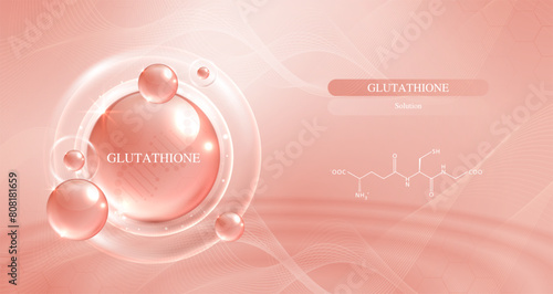 Glutathione serum drops over pink skin cells with cosmetic advertising. healthy life medical and dietary supplement. natural skin care cosmetic stimulate collagen. vector design.