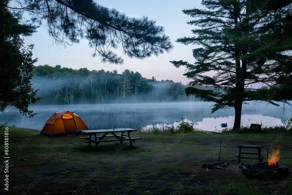 Obraz premium serene lakeside campsite at dawn with rising mist landscape photo