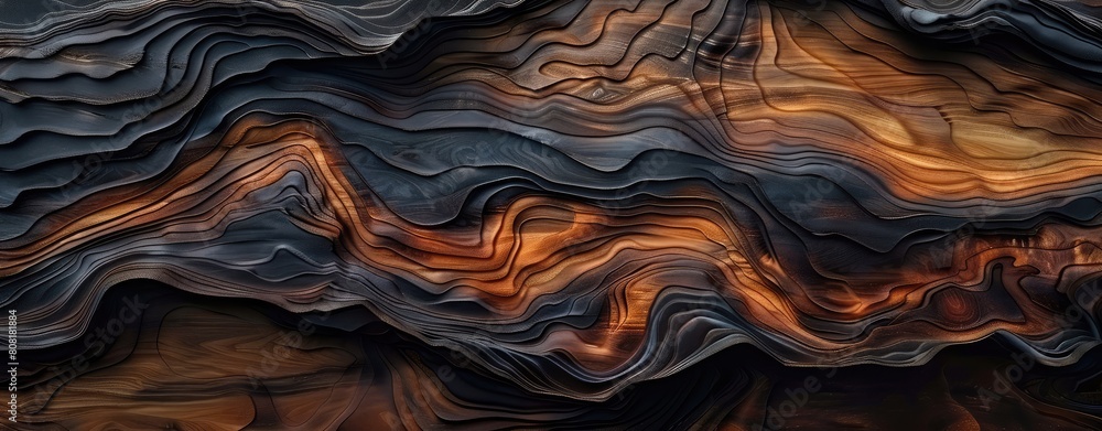 A woody abstract background made of oak wood with a burnt texture of wood fibers. Old rustic graphic resource, made in the form of a wave of hardwood. A three-dimensional banner made of dark wood, mad A woody abstract background made of oak wood with a burnt texture of wood fibers. Old rustic graphic resource, made in the form of a wave of hardwood. A three-dimensional banner made of dark wood, mad