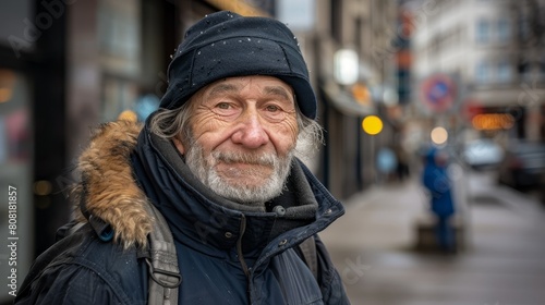   An old man, bearded and hatted, gazes at the camera from the streetside photo
