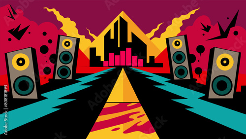 Taking a turn you arrive at the forth corner which is painted in bold colors and covered in graffiti murals. The loud rock music blaring from the Vector illustration