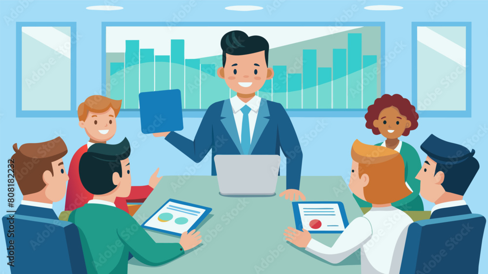 In a corporate boardroom a junior tech entrepreneur confidently presents their app to a group of potential investors emphasizing its potential for. Vector illustration In a corporate boardroom a junior tech entrepreneur confidently presents their app to a group of potential investors emphasizing its potential for. Vector illustration