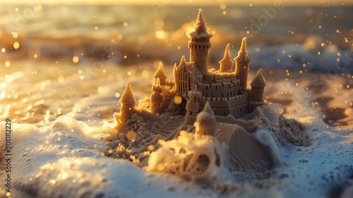 A sand castle on the beach on a bright summer day. The concept of recreation, vacations, tourism. © Cherkasova Alie