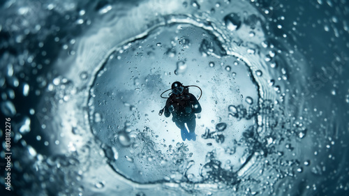 Divers are in deep  clear water. Clear blue water drops splash on black background. Illustrations for magazines  travel  documentaries  water sports.