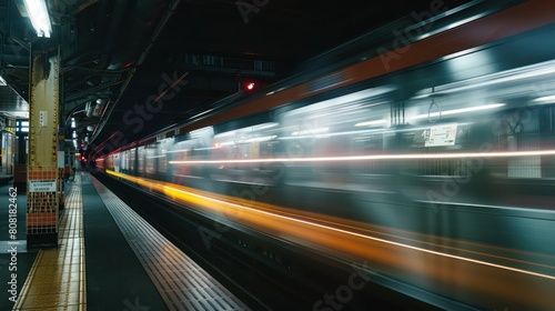 The dynamic blur of a speeding train captured on a platform at night creates a sense of urban speed and movement