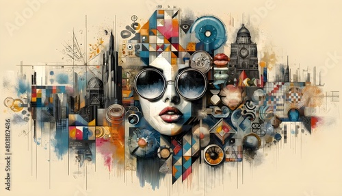 This image features a stylized female face with large round sunglasses, set against an intricate background composed of mechanical, architectural, and abstract elements.

