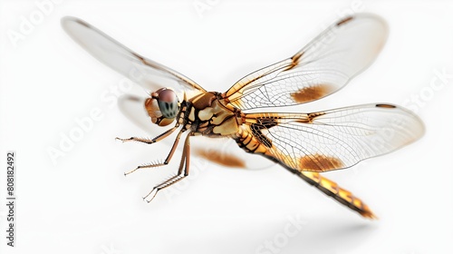 Close-Up Detailed View of a Vibrant and Delicate Dragonfly in Flight Against a Crisp Natural Background © Maow