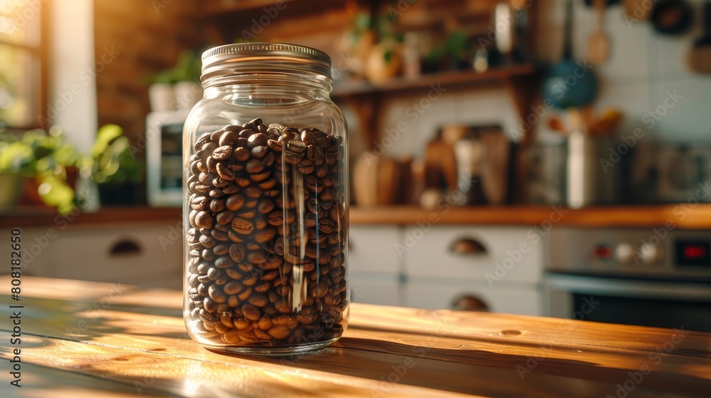 A glass jar brimming with assorted nuts sits atop a wooden table, near a stove top oven A glass jar brimming with assorted nuts sits atop a wooden table, near a stove top oven