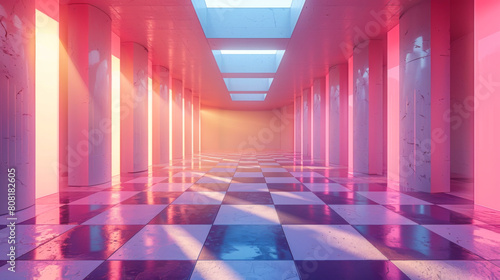 Soft pink space. Minimalist interior of a corridor with irregular square geometry. Style and design concept.