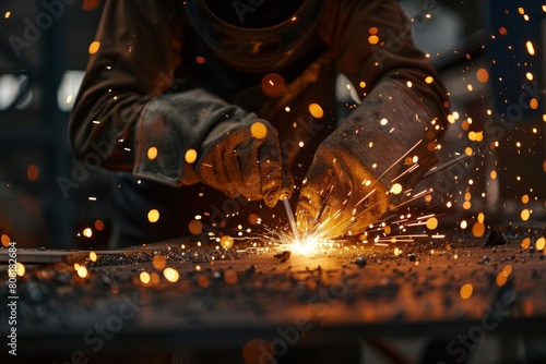 skilled welders hands creating sparks with metal in workshop 3d illustration