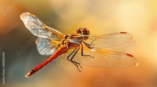 Close-up Photo of an Vibrant Orange Dragonfly with Delicate Transparent Wings and Compound Eyes in a Summer Meadow Environment © Maow