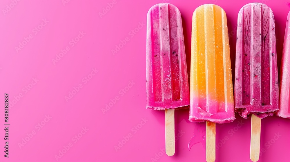 Three popsicles stacked on a pink-yellow surface; one protrudes Three popsicles stacked on a pink-yellow surface; one protrudes