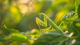 Closeup of Camouflaged Praying Mantis Amidst Lush Green Foliage