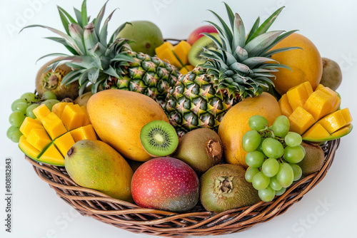 An assortment of tropical fruits, including mangoes, pineapples, and kiwis, presented in a wicker basket on a white background.