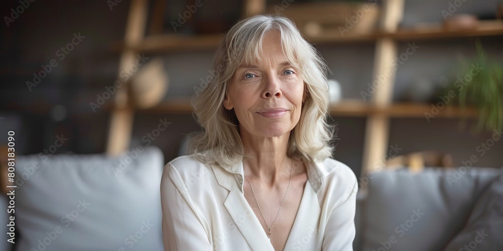 Fototapeta premium A woman is seated on a couch in a spacious living room, surrounded by modern decor and furniture