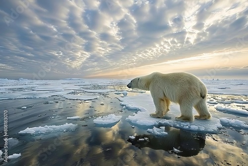 solitary polar bear on drifting ice in arctic habitat climate change impact photo