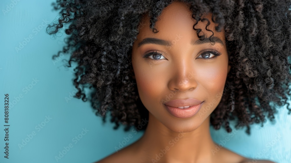 A woman with an afro hairstyle, her face filling the frame Behind her, a blue wall A woman with an afro hairstyle, her face filling the frame Behind her, a blue wall