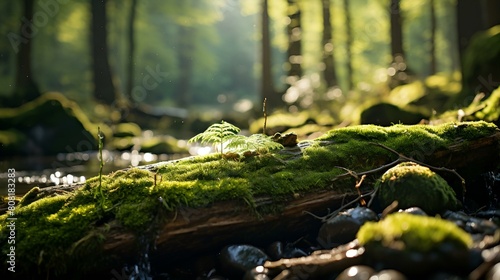 Moss covered log in forest with sunlight shining through photo