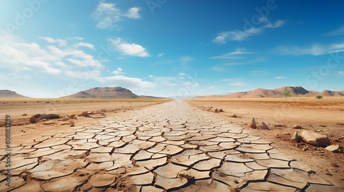  A desolate desert road with cracked earth under a clear blue sky