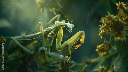 Camouflaged Mantis Predator Lurking in Leafy Foliage,Poised to Strike Its Prey with Precision photo