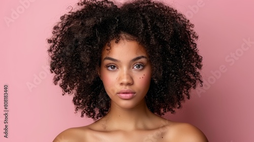   A woman's face, tightly framed in a close-up, displays frizzy hair against a soft pink backdrop