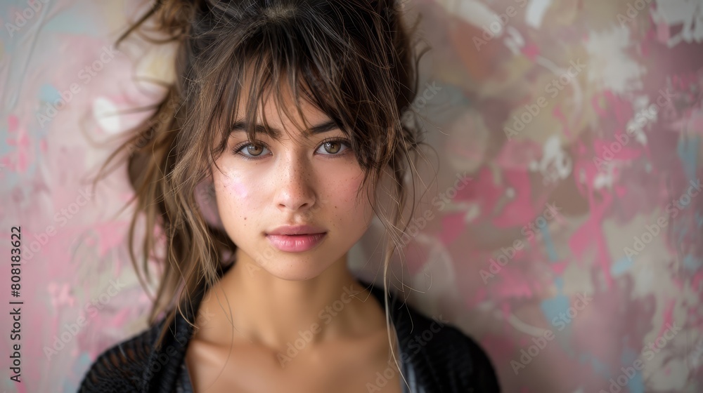 A close-up of a woman with a disheveled top knot hairstyle A close-up of a woman with a disheveled top knot hairstyle
